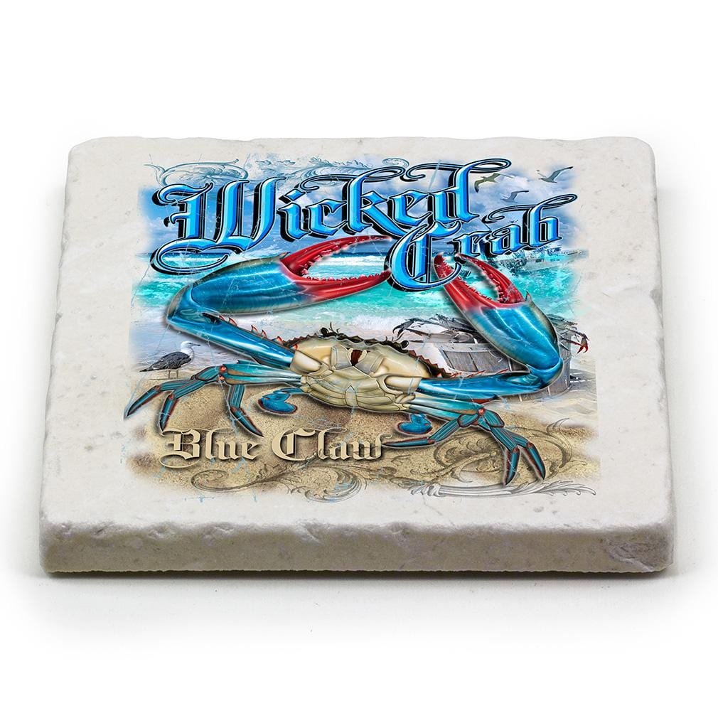 Fishing Wicked Crab Light Blue Ivory Tumbled Marble 4IN x 4IN Coasters Gift Set
