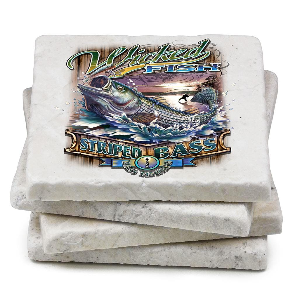 Fishing Wicked Stripper Action Ivory Tumbled Marble 4IN x 4IN Coasters Gift Set