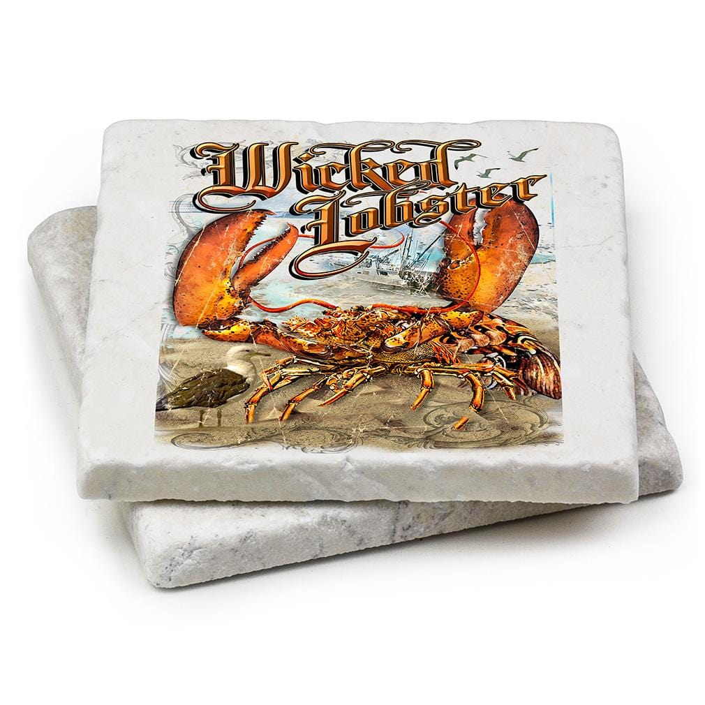 Fishing Wicked Lobster Ivory Tumbled Marble 4IN x 4IN Coasters Gift Set