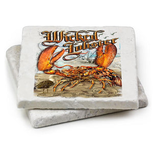 More Picture, Fishing Wicked Lobster Ivory Tumbled Marble 4IN x 4IN Coasters Gift Set