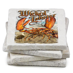 More Picture, Fishing Wicked Lobster Ivory Tumbled Marble 4IN x 4IN Coasters Gift Set