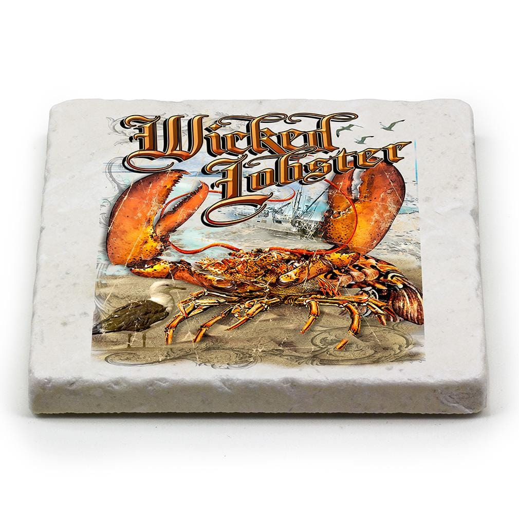 Fishing Wicked Lobster Ivory Tumbled Marble 4IN x 4IN Coasters Gift Set