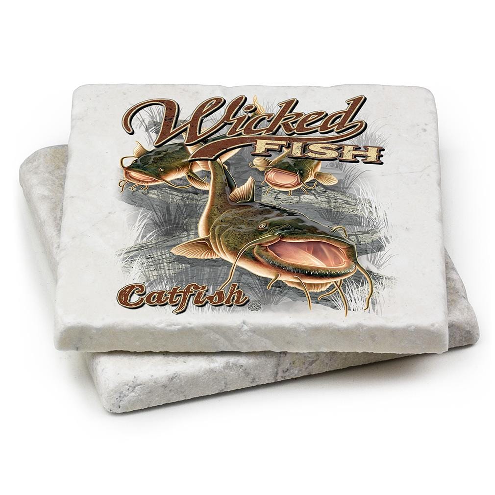 Fishing Wicked Fish Catfish Ivory Tumbled Marble 4IN x 4IN Coasters Gift Set
