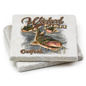 More Picture, Fishing Wicked Fish Catfish Ivory Tumbled Marble 4IN x 4IN Coasters Gift Set