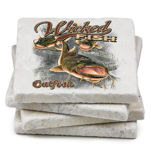 More Picture, Fishing Wicked Fish Catfish Ivory Tumbled Marble 4IN x 4IN Coasters Gift Set