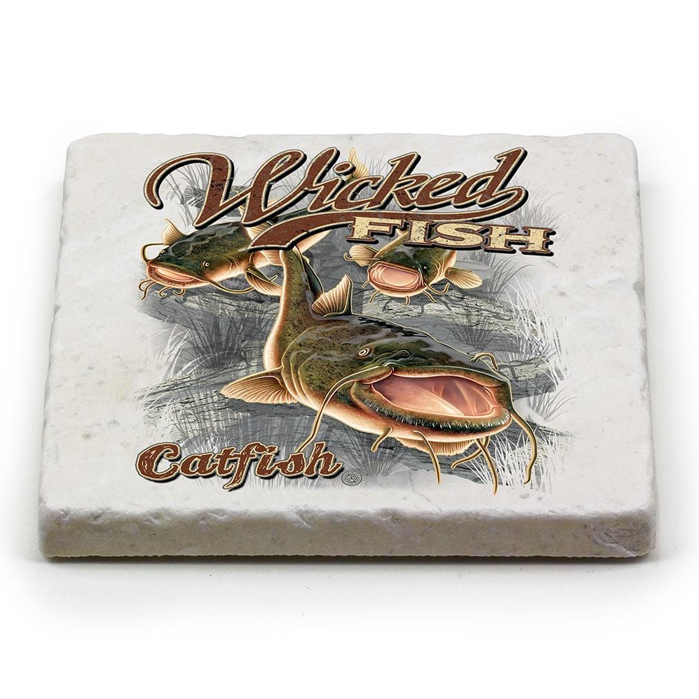Fishing Wicked Fish Catfish Ivory Tumbled Marble 4IN x 4IN Coasters Gift Set