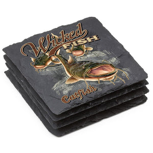 More Picture, Fishing Wicked Fish Catfish Black Slate 4IN x 4IN Coasters Gift Set