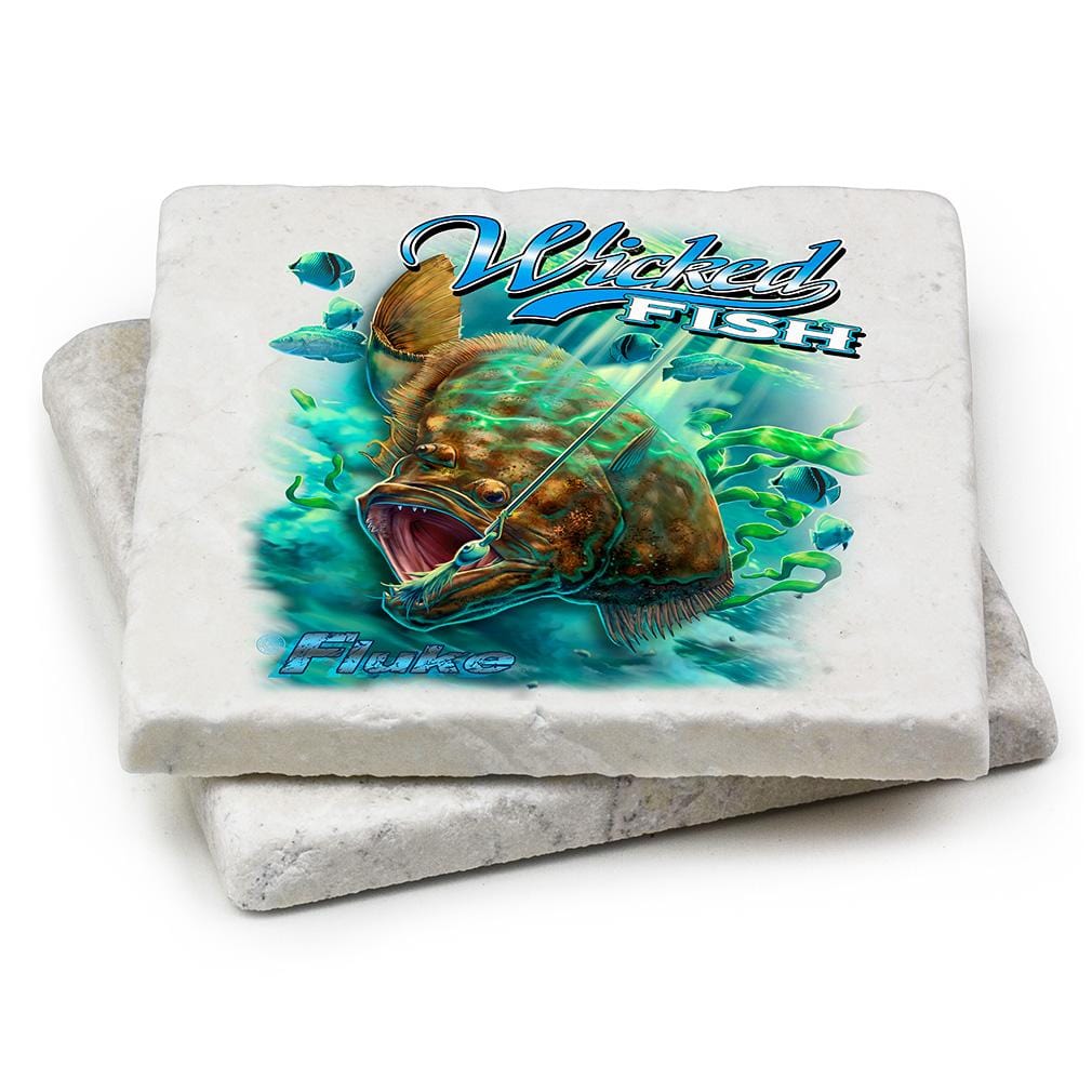 Fishing Wicked Fish Fighting Bucktail Fluke Lure Ivory Tumbled Marble 4IN x 4IN Coasters Gift Set