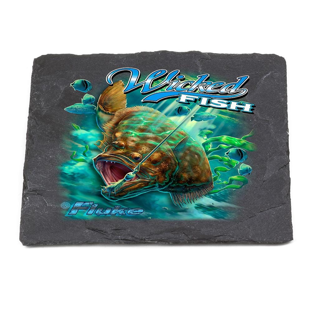 Fishing Wicked Fish Fighting Bucktail Fluke Lure Black Slate 4IN x 4IN Coasters Gift Set