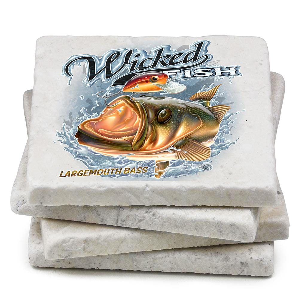 Fishing Wicked Fish Large Mouth Bass with Popper Ivory Tumbled Marble 4IN x 4IN Coasters Gift Set