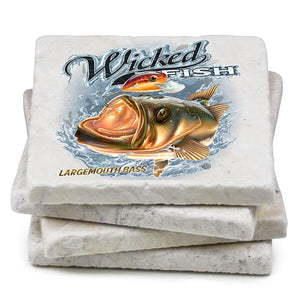 More Picture, Fishing Wicked Fish Large Mouth Bass with Popper Ivory Tumbled Marble 4IN x 4IN Coasters Gift Set