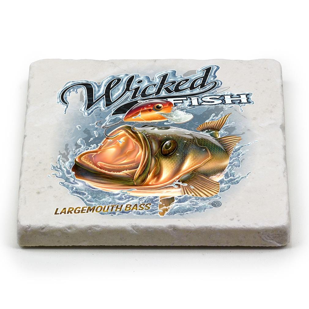 Fishing Wicked Fish Large Mouth Bass with Popper Ivory Tumbled Marble 4IN x 4IN Coasters Gift Set