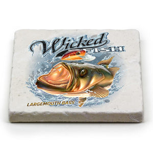 More Picture, Fishing Wicked Fish Large Mouth Bass with Popper Ivory Tumbled Marble 4IN x 4IN Coasters Gift Set
