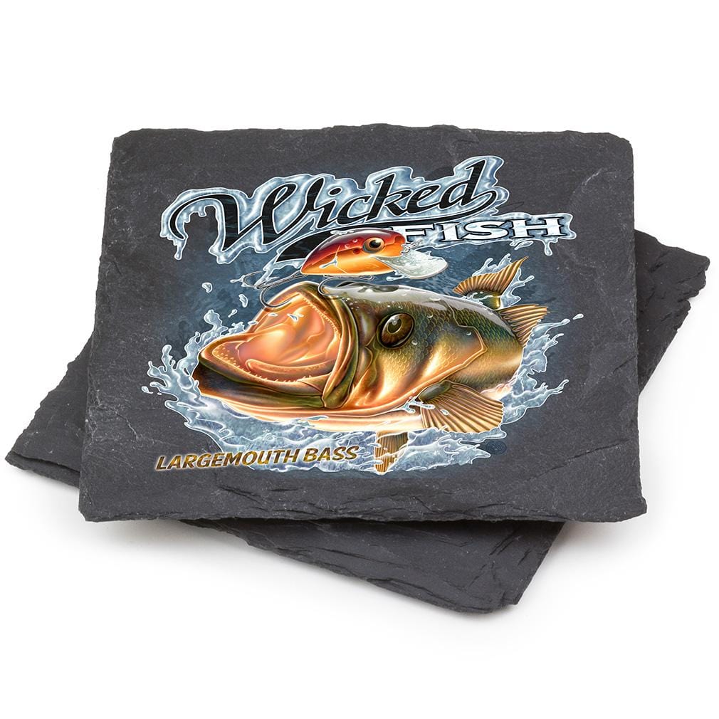 Fishing Wicked Fish Large Mouth Bass with Popper Black Slate 4IN x 4IN Coasters Gift Set