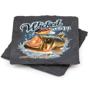 More Picture, Fishing Wicked Fish Large Mouth Bass with Popper Black Slate 4IN x 4IN Coasters Gift Set