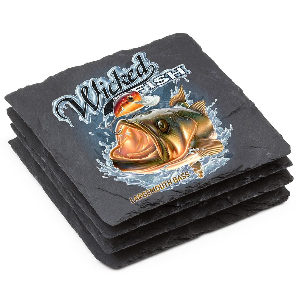 Fishing Wicked Fish Large Mouth Bass with Popper Black Slate 4IN x 4IN Coasters Gift Set