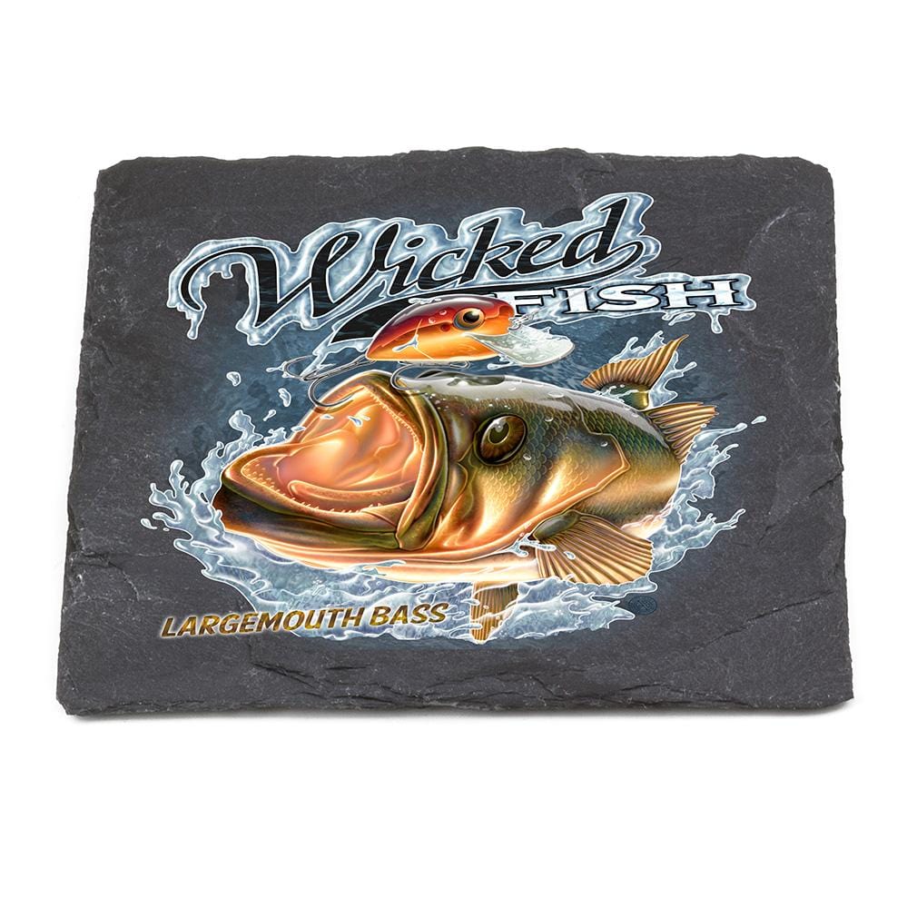 Fishing Wicked Fish Large Mouth Bass with Popper Black Slate 4IN x 4IN Coasters Gift Set