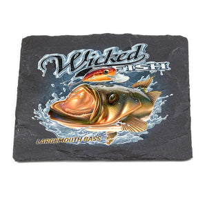 More Picture, Fishing Wicked Fish Large Mouth Bass with Popper Black Slate 4IN x 4IN Coasters Gift Set