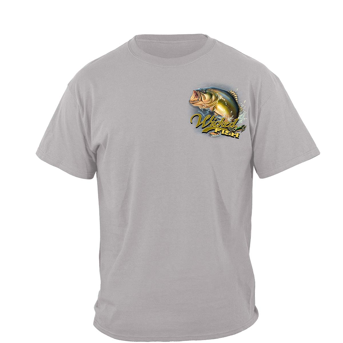 Fishing T-Shirt Wicked Fish Large Mouth Bass with Popper Jumping Frog Ice Gray