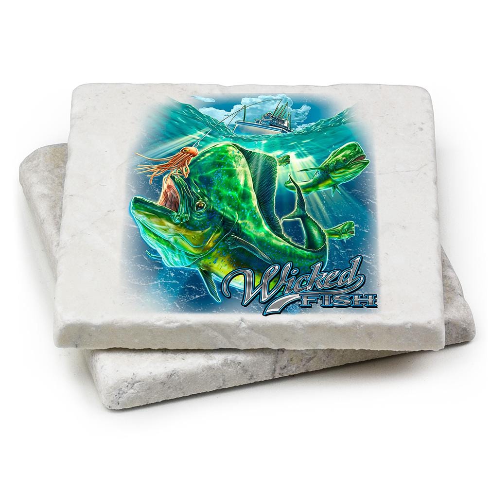 Fishing Wicked Fish Mahi Mahi Ivory Tumbled Marble 4IN x 4IN Coasters Gift Set