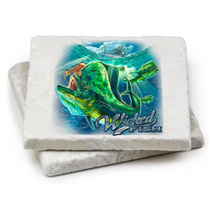 More Picture, Fishing Wicked Fish Mahi Mahi Ivory Tumbled Marble 4IN x 4IN Coasters Gift Set