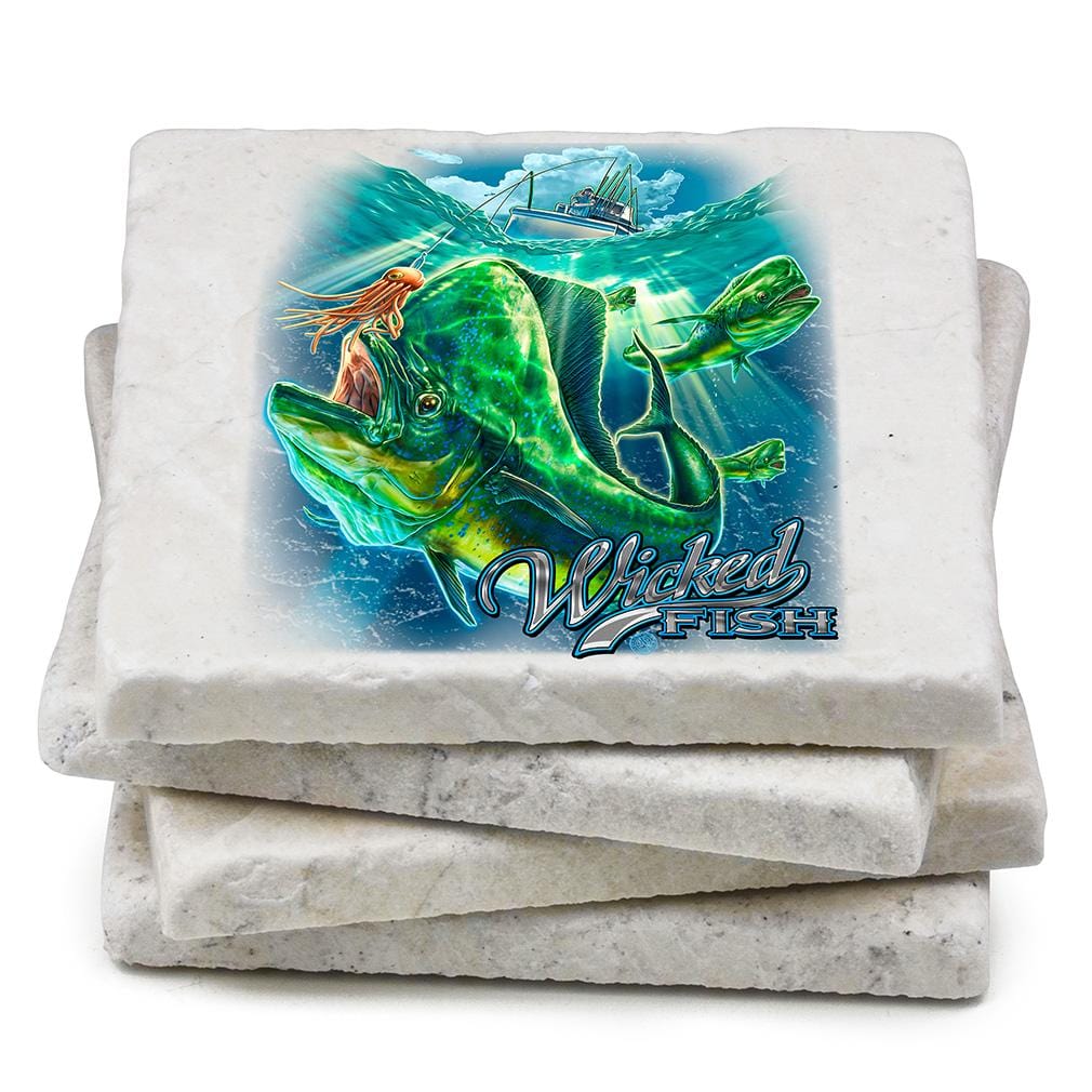 Fishing Wicked Fish Mahi Mahi Ivory Tumbled Marble 4IN x 4IN Coasters Gift Set