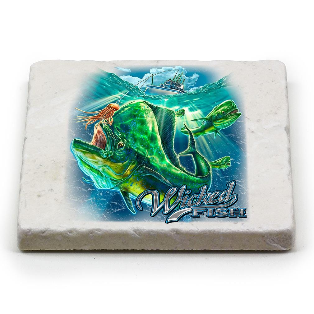 Fishing Wicked Fish Mahi Mahi Ivory Tumbled Marble 4IN x 4IN Coasters Gift Set