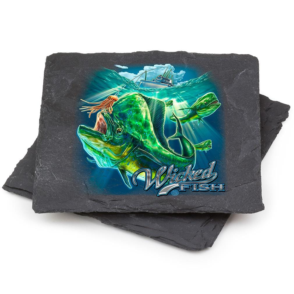 Fishing Wicked Fish Mahi Mahi Black Slate 4IN x 4IN Coasters Gift Set