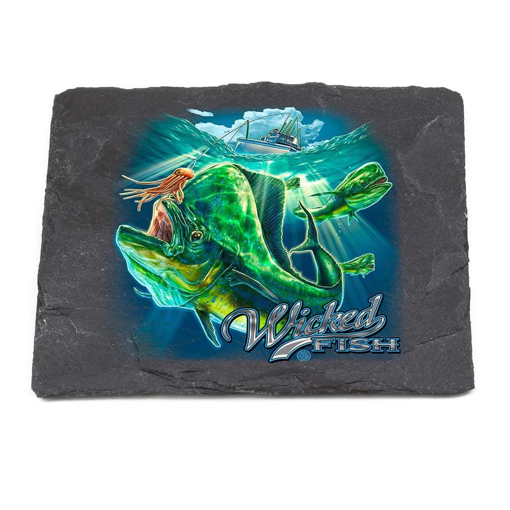 Fishing Wicked Fish Mahi Mahi Black Slate 4IN x 4IN Coasters Gift Set