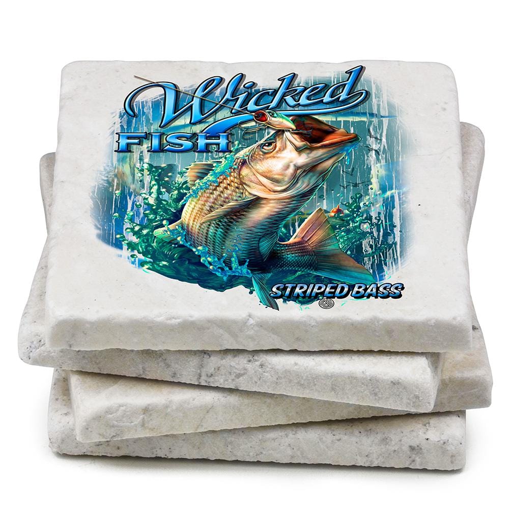 Fishing Wicked Fish Striped Bass with Popper Air Born Ivory Tumbled Marble 4IN x 4IN Coasters Gift Set