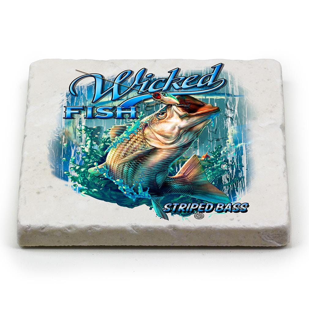 Fishing Wicked Fish Striped Bass with Popper Air Born Ivory Tumbled Marble 4IN x 4IN Coasters Gift Set