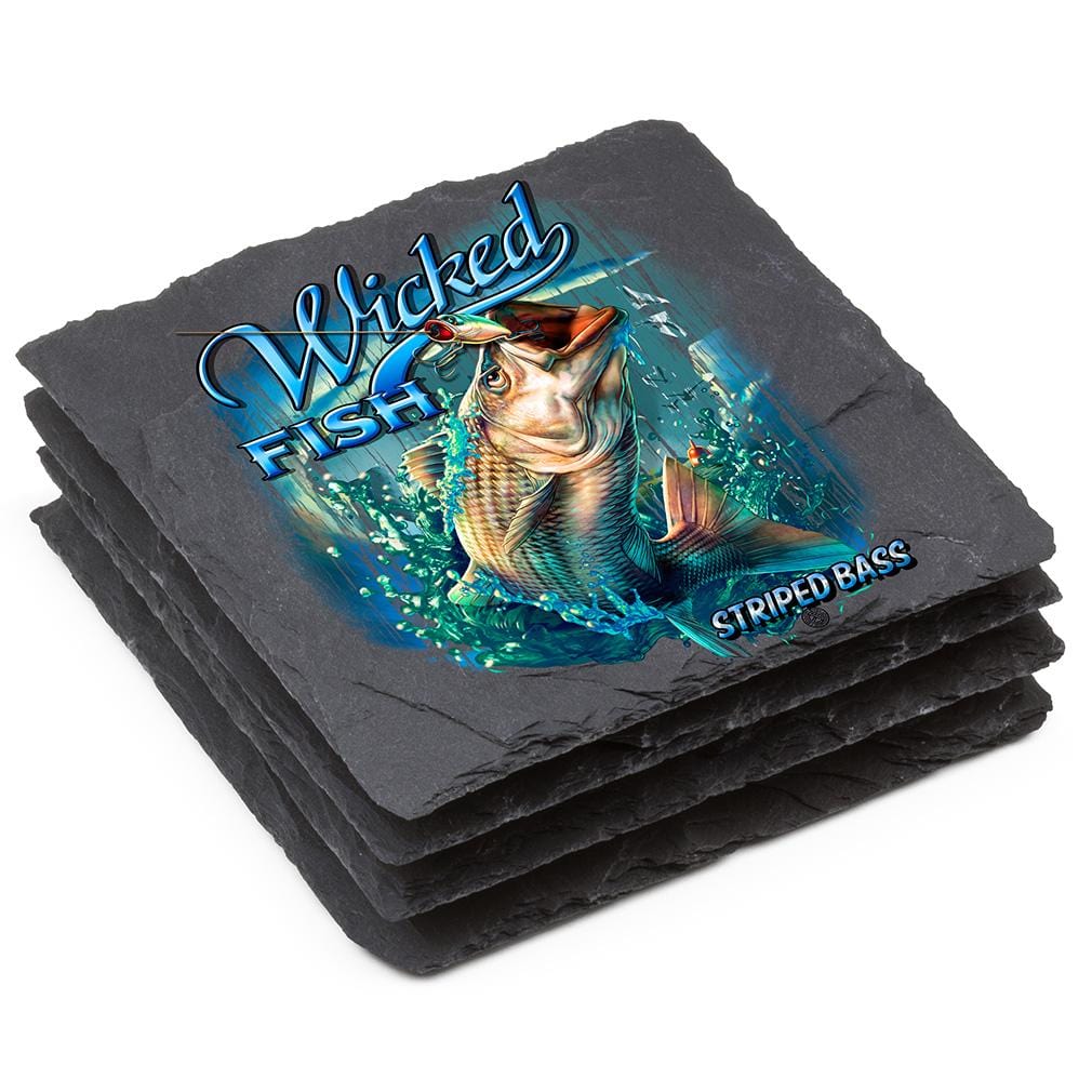 Fishing Wicked Fish Striped Bass with Popper Air Born Black Slate 4IN x 4IN Coasters Gift Set