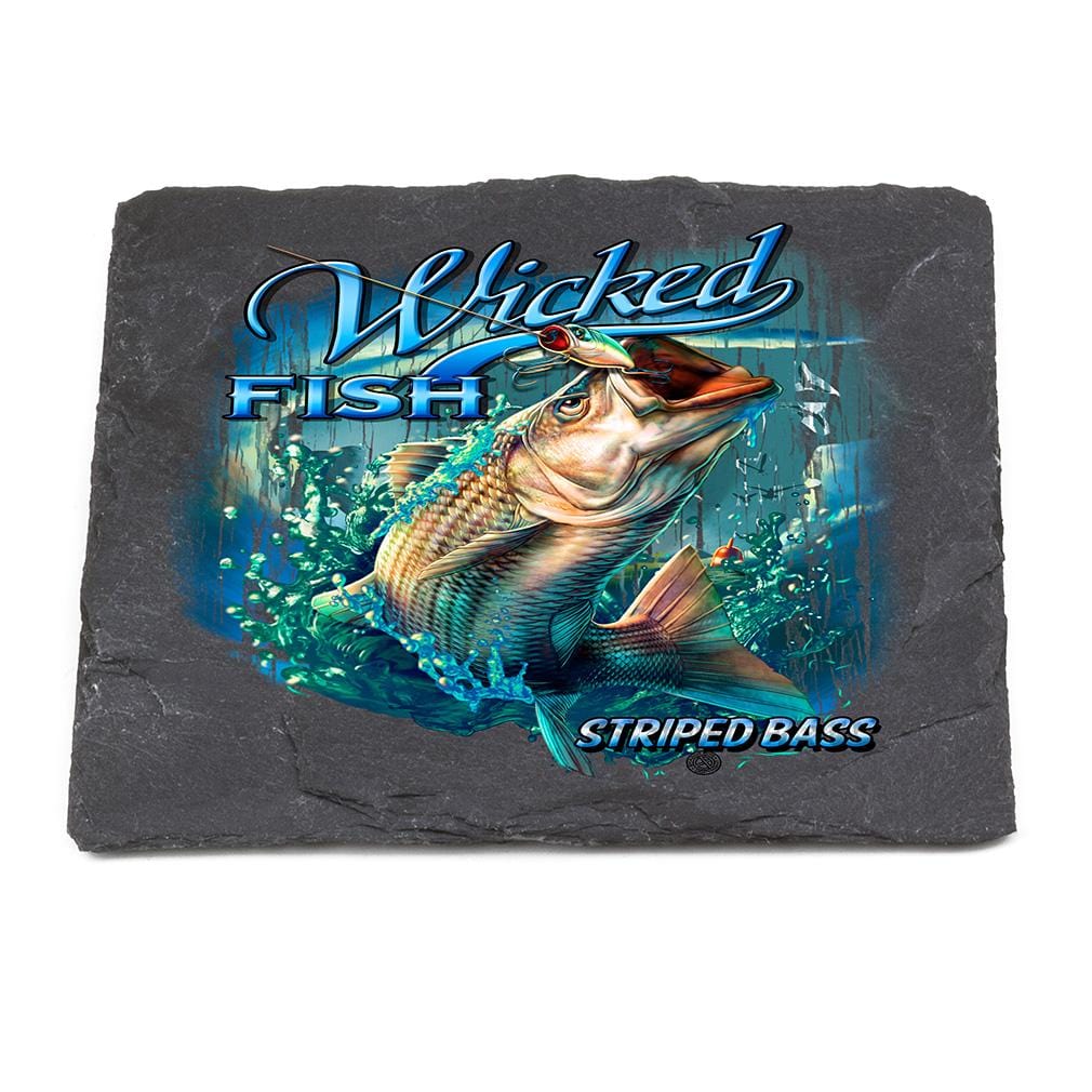 Fishing Wicked Fish Striped Bass with Popper Air Born Black Slate 4IN x 4IN Coasters Gift Set