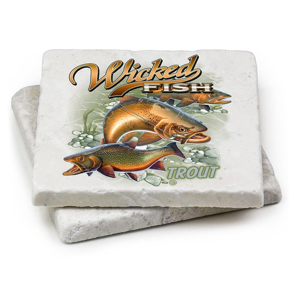 Fishing Wicked Fish Trout Ivory Tumbled Marble 4IN x 4IN Coasters Gift Set