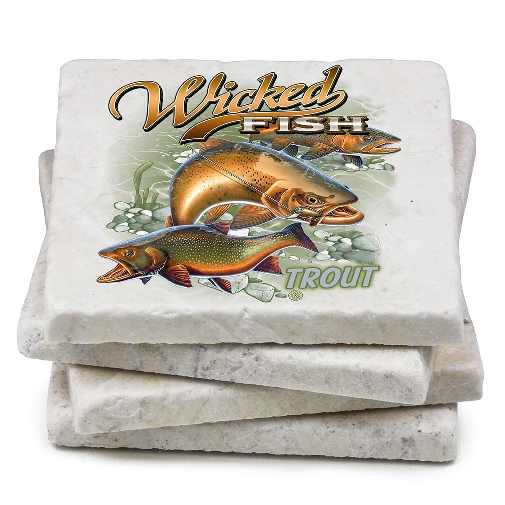 Fishing Wicked Fish Trout Ivory Tumbled Marble 4IN x 4IN Coasters Gift Set