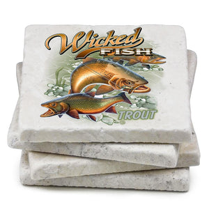 More Picture, Fishing Wicked Fish Trout Ivory Tumbled Marble 4IN x 4IN Coasters Gift Set