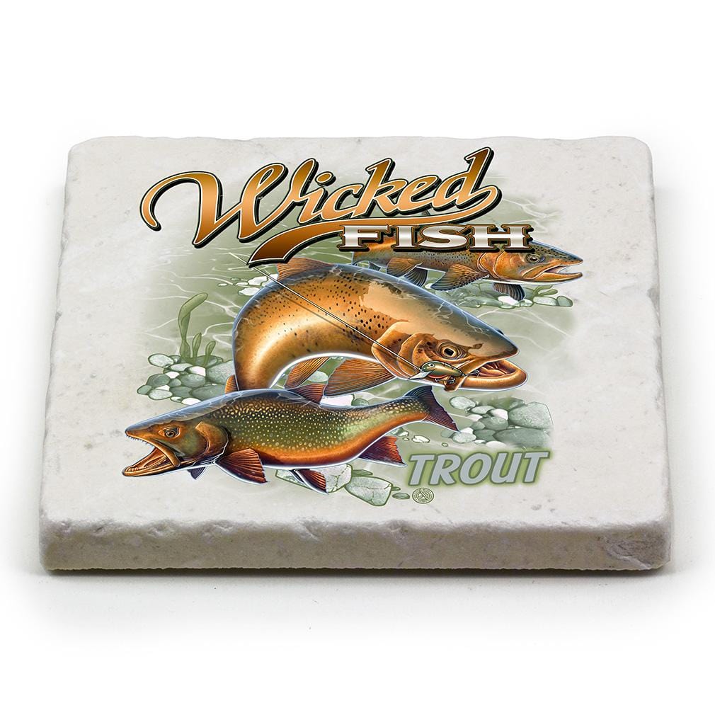 Fishing Wicked Fish Trout Ivory Tumbled Marble 4IN x 4IN Coasters Gift Set