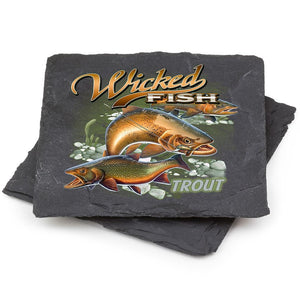 More Picture, Fishing Wicked Fish Trout Black Slate 4IN x 4IN Coasters Gift Set