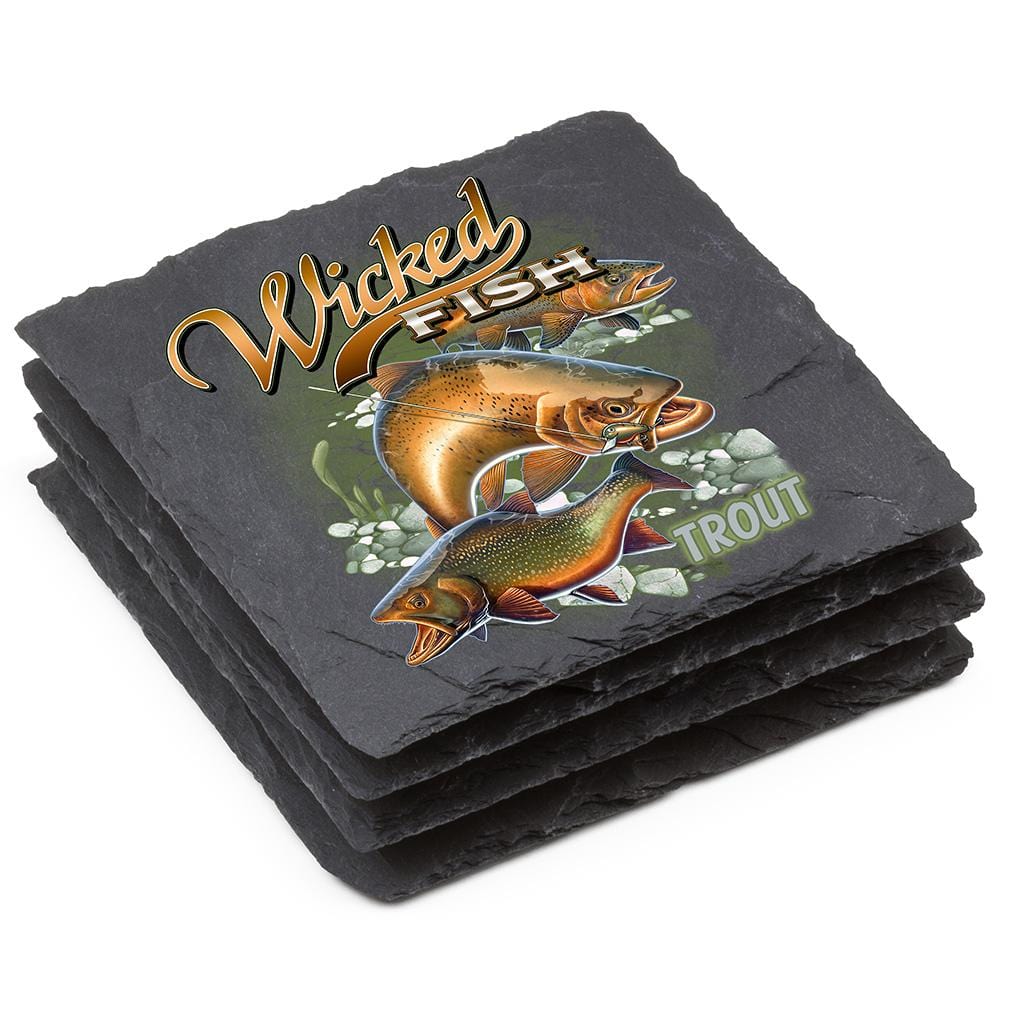 Fishing Wicked Fish Trout Black Slate 4IN x 4IN Coasters Gift Set