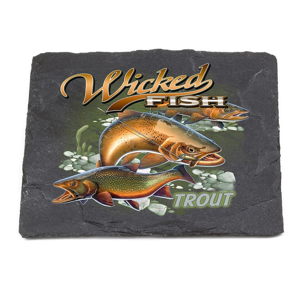 Fishing Wicked Fish Trout Black Slate 4IN x 4IN Coasters Gift Set