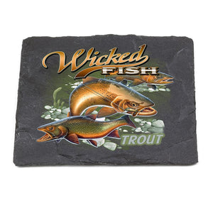 More Picture, Fishing Wicked Fish Trout Black Slate 4IN x 4IN Coasters Gift Set