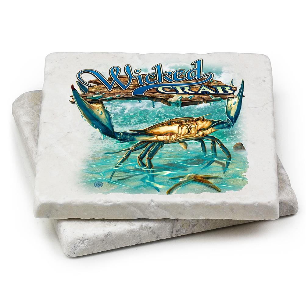 Fishing Wicked Fish Crab and Star Fish Ivory Tumbled Marble 4IN x 4IN Coasters Gift Set