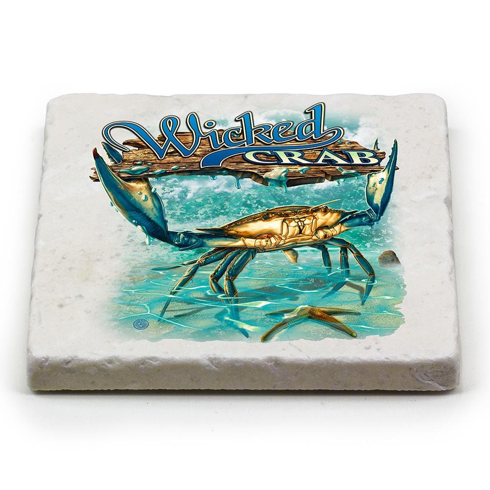 Fishing Wicked Fish Crab and Star Fish Ivory Tumbled Marble 4IN x 4IN Coasters Gift Set