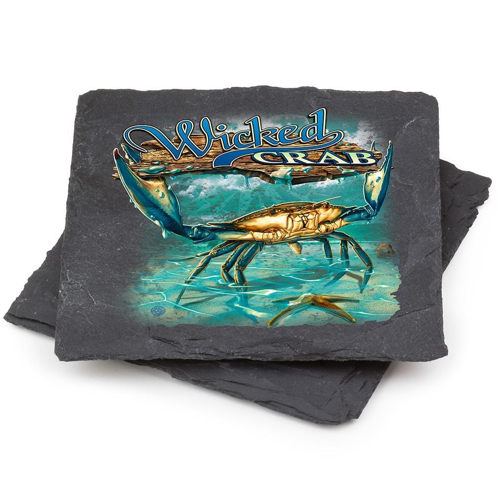Fishing Wicked Fish Crab and Star Fish Black Slate 4IN x 4IN Coasters Gift Set