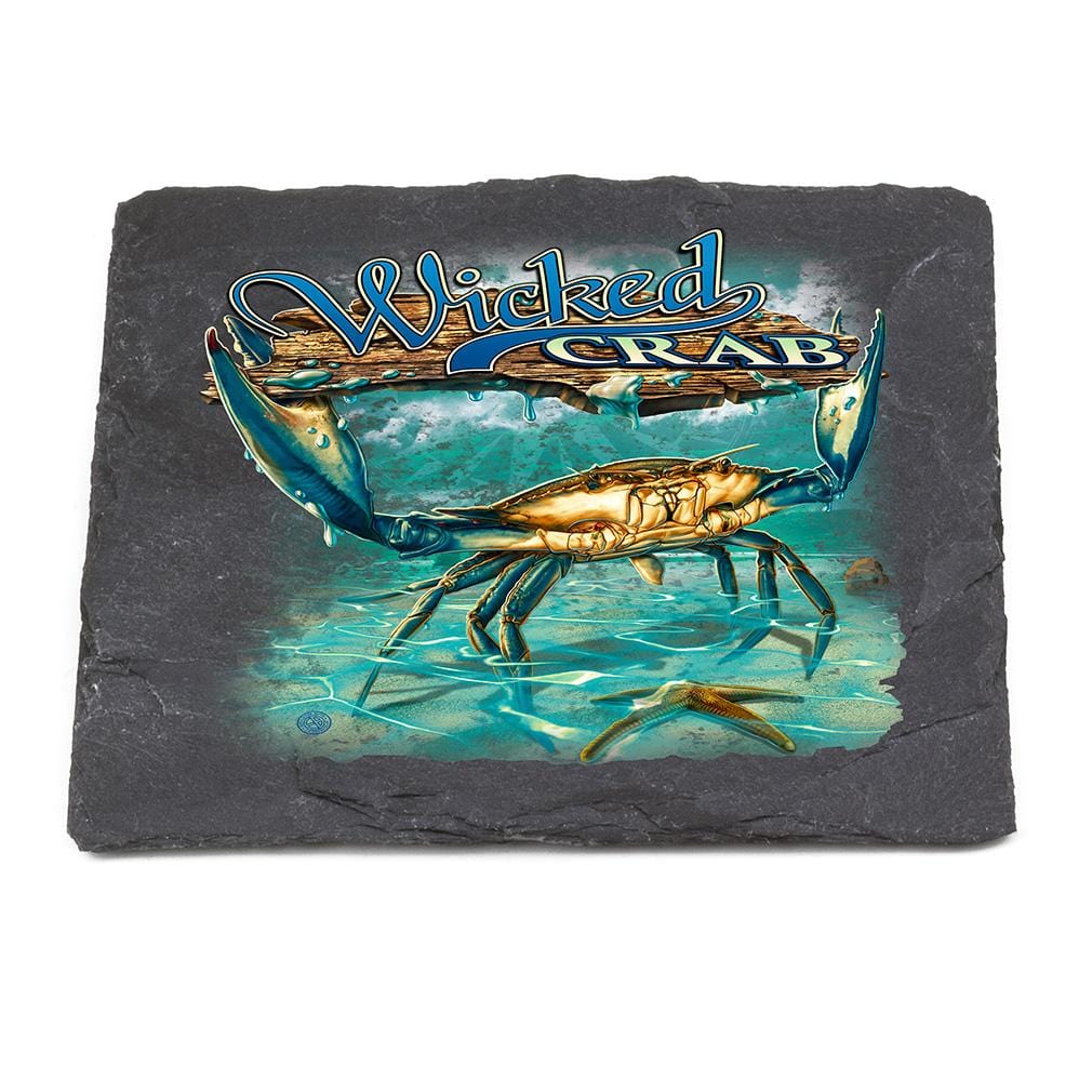 Fishing Wicked Fish Crab and Star Fish Black Slate 4IN x 4IN Coasters Gift Set