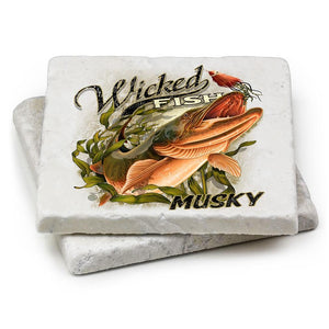 More Picture, Fishing Wicked Fish Musky Ivory Tumbled Marble 4IN x 4IN Coasters Gift Set