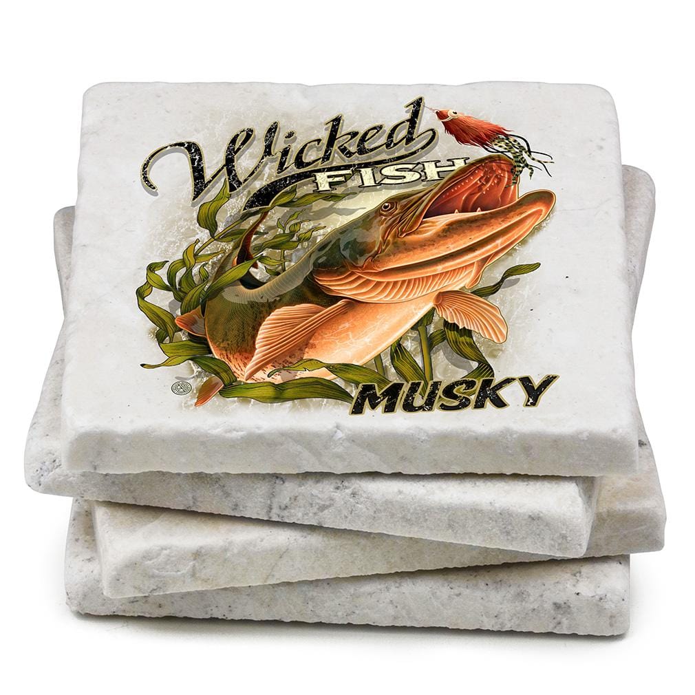 Fishing Wicked Fish Muskie Ivory Tumbled Marble 4IN x 4IN Coasters Gift Set