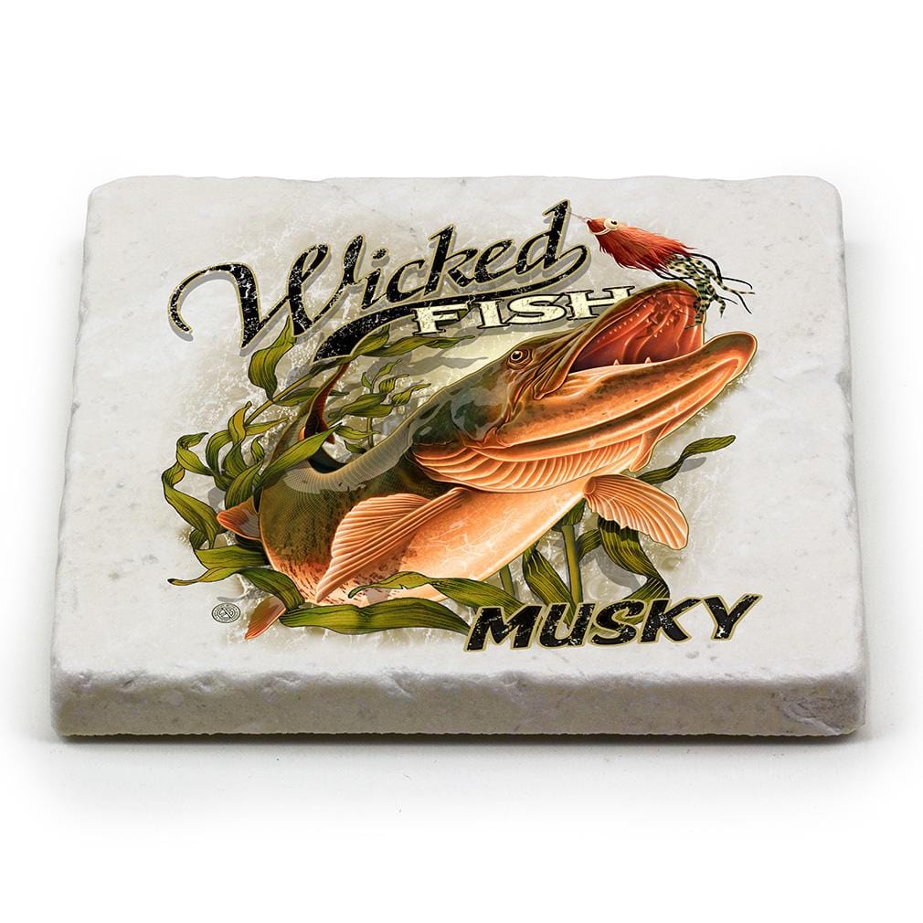 Fishing Wicked Fish Muskie Ivory Tumbled Marble 4IN x 4IN Coasters Gift Set
