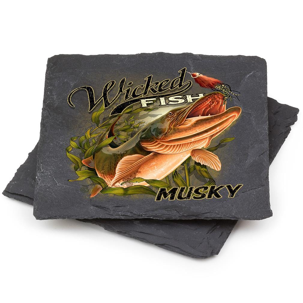 Fishing Wicked Fish Muskie Black Slate 4IN x 4IN Coasters Gift Set