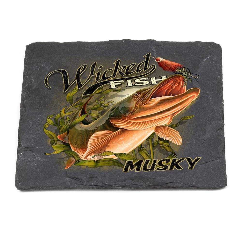 Fishing Wicked Fish Muskie Black Slate 4IN x 4IN Coasters Gift Set